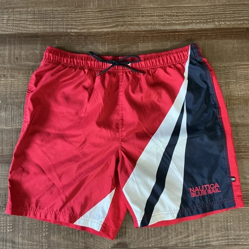 Nautica Blue Sail Men's Red White Blue Quick Dry Swim Shorts XL